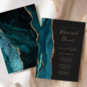 Teal Gold Agate Dark Wedding Rehearsal Dinner Invitation