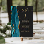 Teal Gold Agate Dark Wedding Table Number<br><div class="desc">The left-hand edge of this elegant modern wedding table number card features a teal watercolor agate border trimmed with faux gold glitter. The word "table" appears in gold-coloured handwriting script on an off-black background. Add the names of your guests who are assigned to each table.</div>