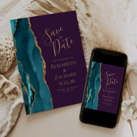 Teal Gold Agate Deep Purple Wedding Save the Date