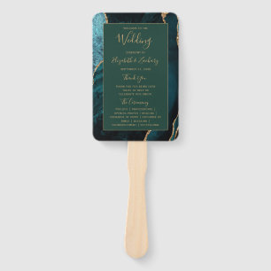 Teal Gold Agate Emerald Green Wedding Program Hand Fan