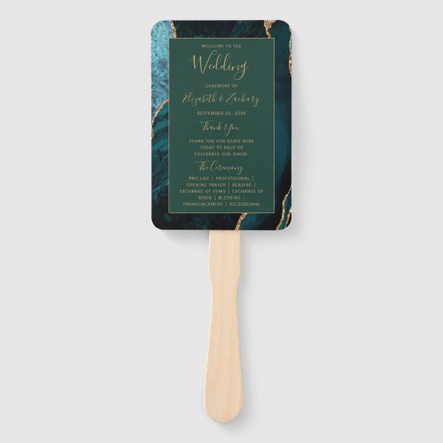 Teal Gold Agate Emerald Green Wedding Program Hand Fan (Front)