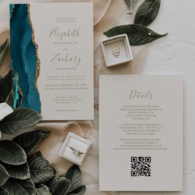 Teal Gold Agate Ivory QR Code Wedding Invitation (Creator Uploaded)