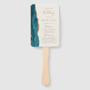 Teal Gold Agate Ivory Wedding Program Hand Fan