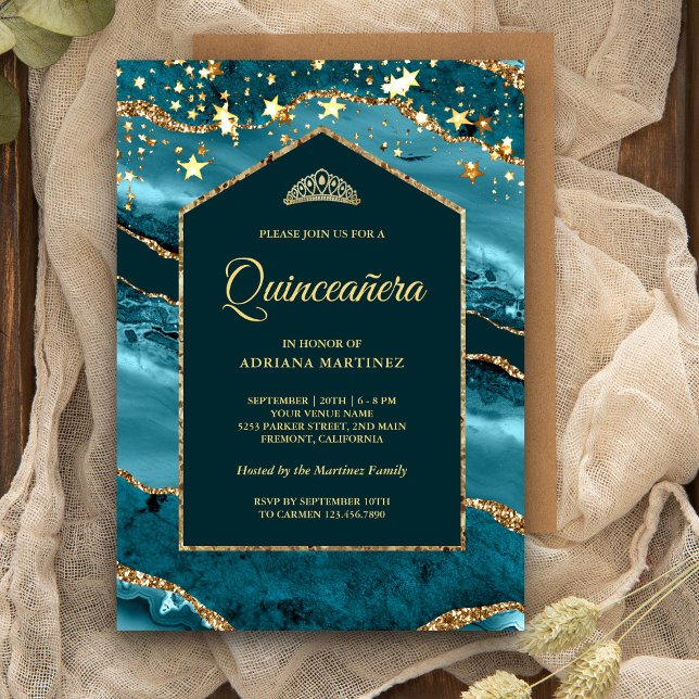 Teal Gold Agate Marble Arch Quinceanera Invitation (Creator Uploaded)