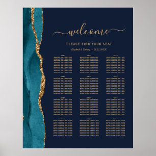 Teal Gold Agate Navy Blue 12-Table Wedding Seating Poster