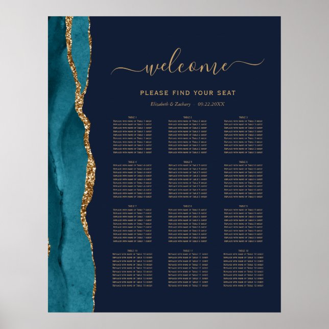 Teal Gold Agate Navy Blue 12-Table Wedding Seating Poster (Front)