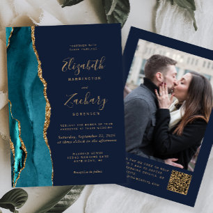 Teal Gold Agate Navy Blue Photo QR Code Wedding Invitation