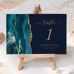 Teal Gold Agate Navy Blue Wedding Table Number