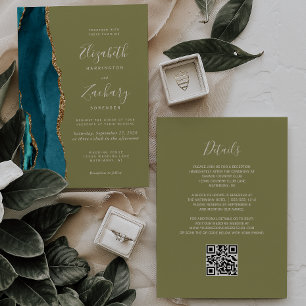Teal Gold Agate Olive Green QR Code Wedding Invitation