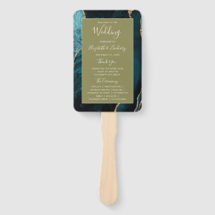 Teal Gold Agate Olive Green Wedding Program Hand Fan