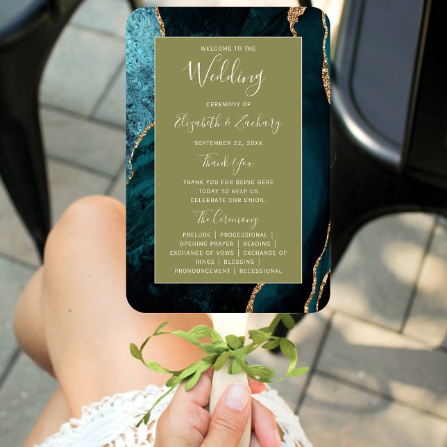Teal Gold Agate Olive Green Wedding Program Hand Fan (Creator Uploaded)