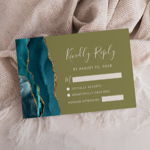Teal Gold Agate Olive Green Wedding RSVP Card