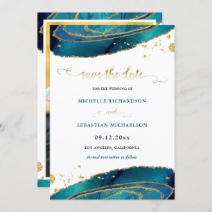 Teal Gold Agate Photo Save The Date Invitation