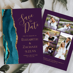 Teal Gold Agate Purple 5-Photo Save the Date Invitation