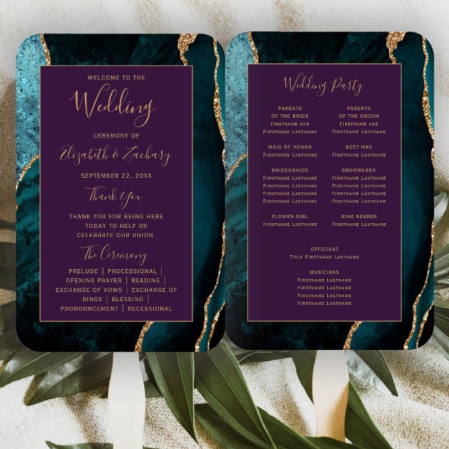 Teal Gold Agate Purple Wedding Program Hand Fan (Creator Uploaded)