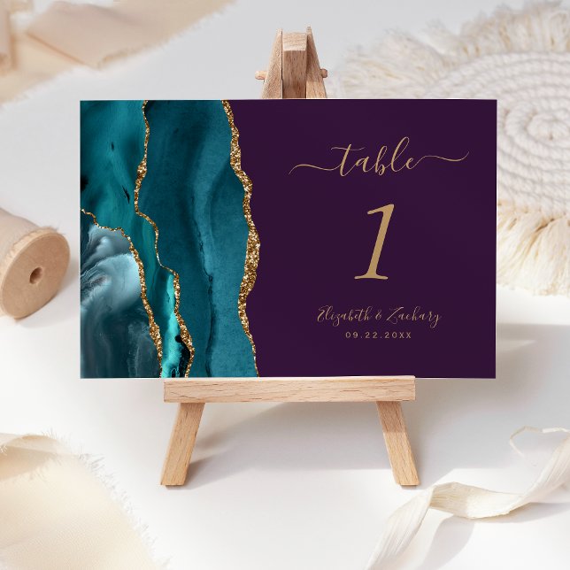 Teal Gold Agate Purple Wedding Table Number (Creator Uploaded)