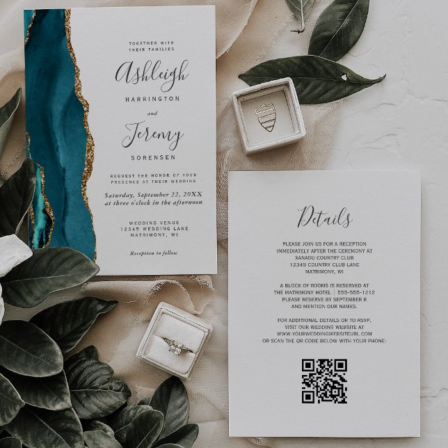 Teal Gold Agate QR Code Wedding Invitation (Creator Uploaded)
