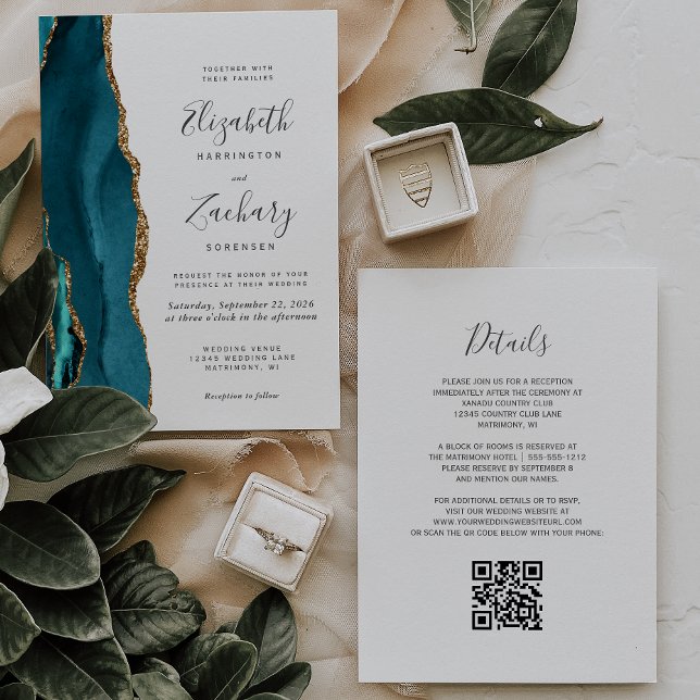 Teal Gold Agate QR Code Wedding Invitation (Creator Uploaded)
