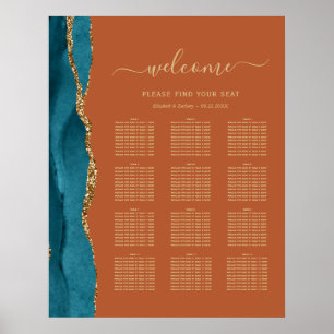 Teal Gold Agate Rust 12-Table Wedding Seating Poster