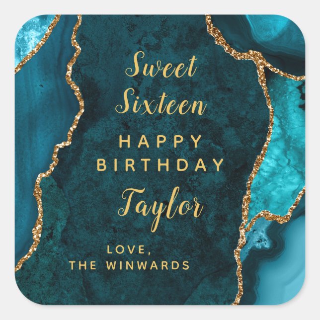 Teal Gold Agate Sweet Sixteen Happy Birthday Square Sticker (Front)