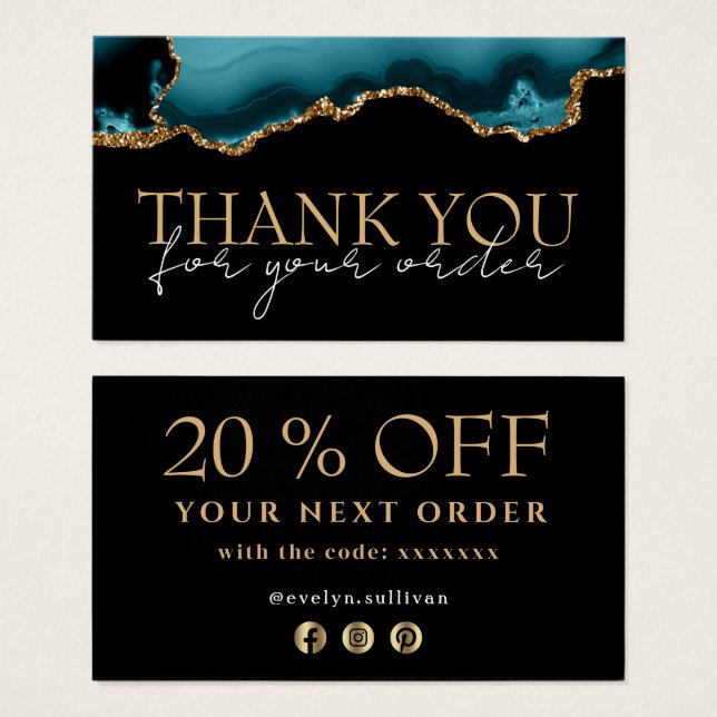 Teal gold agate thank you discount card (Front & Back)