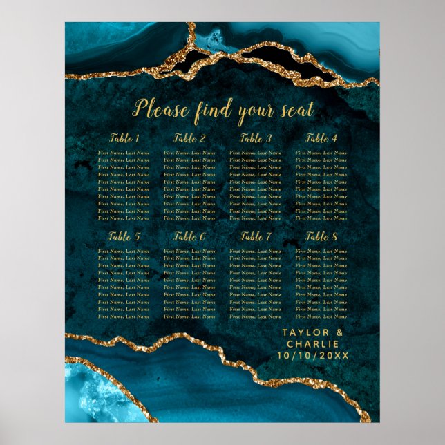 Teal Gold Agate Wedding 8 Tables Seating Chart (Front)