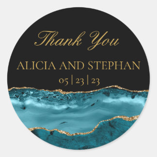 Teal Gold Agate Wedding Favour Thank You  Classic Round Sticker