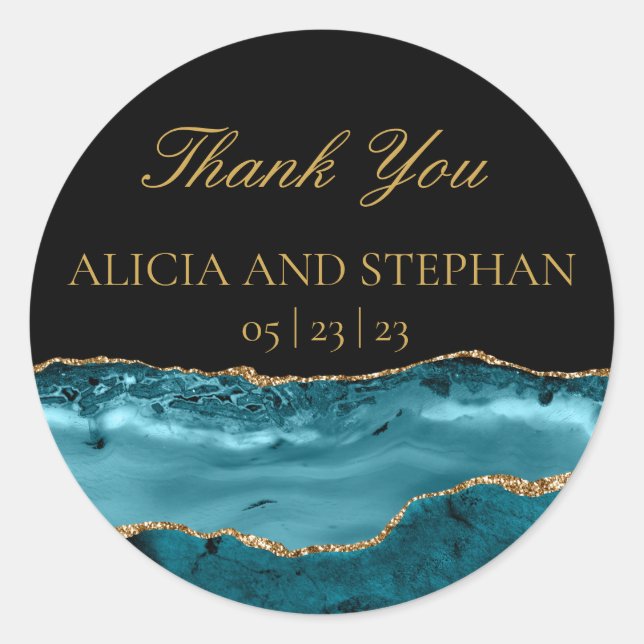 Teal Gold Agate Wedding Favour Thank You  Classic Round Sticker (Front)