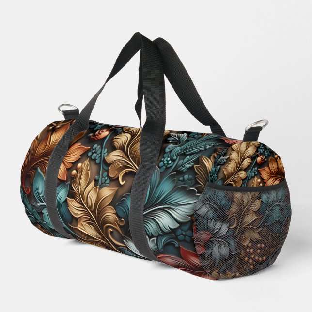 Teal, Gold and Paisley Leaves Duffle Bag (Right Corner)