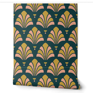 Teal, Gold and Peach Art Deco Palmette Fan Wallpaper