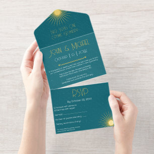 Teal Gold Art Deco Elegant Cosmic Wedding Suite All In One Invitation