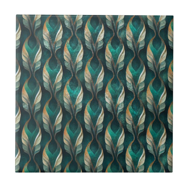 Teal & Gold Art Deco Geometric Pattern Design Tile (Front)