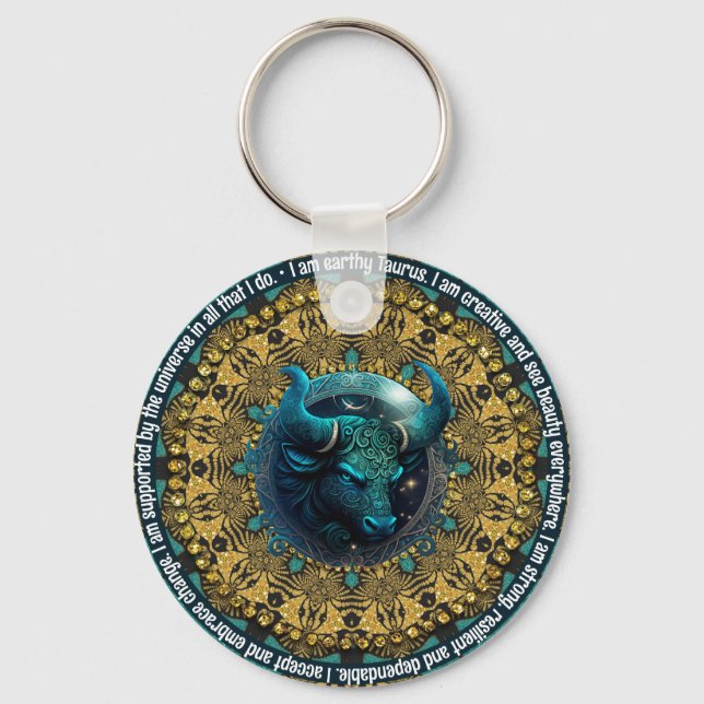 Teal+Gold Astrology Affirmations Taurus Zodiac Key Ring (Front)