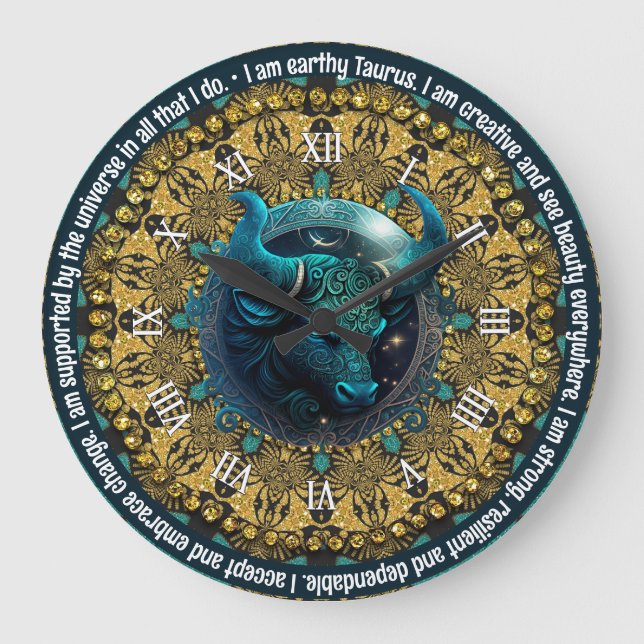 Teal+Gold Astrology Affirmations Taurus Zodiac Large Clock (Front)