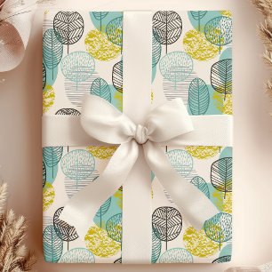 Teal & Gold Autumn Leaves Wrapping Paper