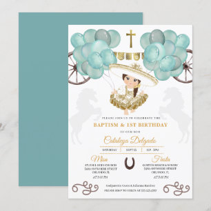 Teal & Gold Baby Charra Mexican Balloons Baptism Invitation