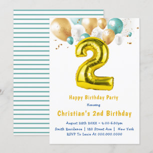 Teal Gold Balloons 2nd Birthday Invitations 
