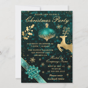 Teal & Gold Bauble & Ribbon Christmas Party Invitation