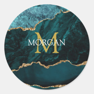 Teal Gold Black Agate, Name & Monogram, Gold White Classic Round Sticker