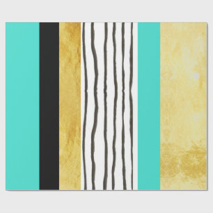 Teal Gold Black and White Stripes Wrapping Paper