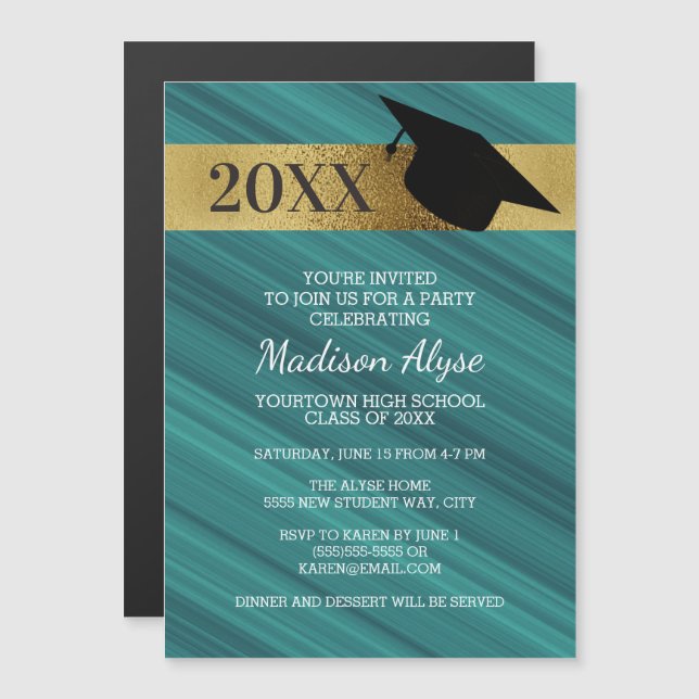 Teal Gold Black Graduation Party Magnetic Invitation (Front/Back)