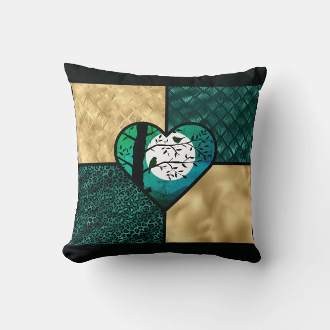 Teal, Gold & Black Moonlight Birds Cushion (Front)