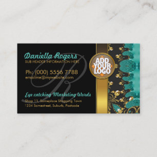 Teal Gold Black Pattern + Logo Dark Business Cards
