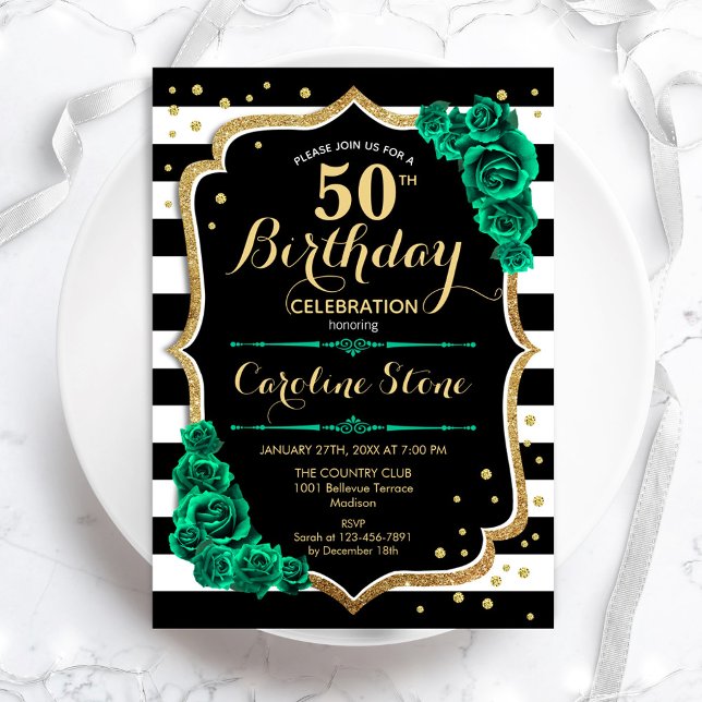 Teal Gold Black White Stripes Roses 50th Birthday Invitation (Creator Uploaded)