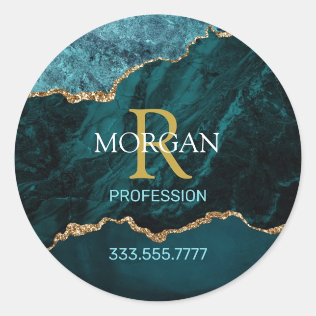 Teal Gold Blk Agate, Name Monogram Profession Cell Classic Round Sticker (Front)