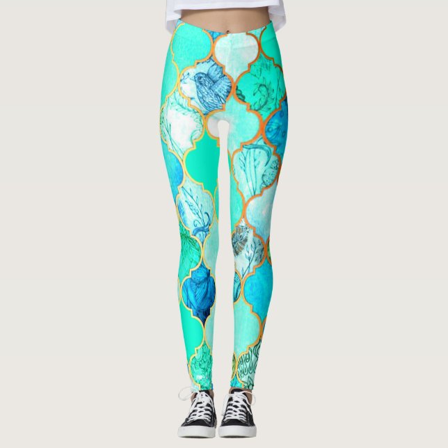Teal, Gold, Blue Green Mermaid Pattern Leggings (Front)