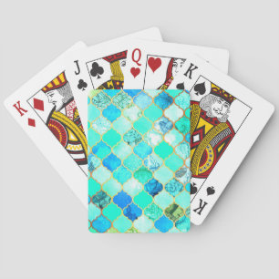 Teal, Gold, Blue Green Mermaid Pattern Playing Cards