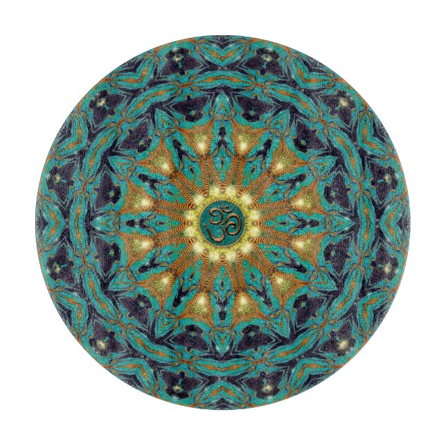 Teal Gold Bohemian Mandala OM Yoga Round Cushion Cutting Board (Front)