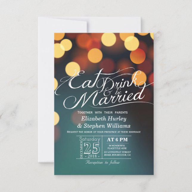 Teal Gold Bokeh Light EAT Drink Be Married Wedding Invitation (Front)