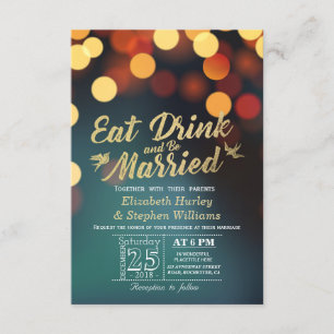 Teal Gold Bokeh Light EAT Drink Be Married Wedding Invitation